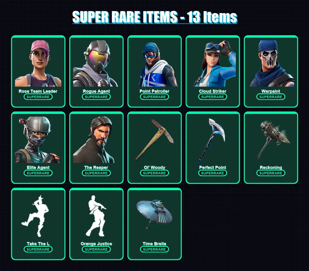 [PC] | Rose Team Leader | Rogue Agent | Point Patroller | Cloud Striker | Warpaint | 124 skin | 175 pickaxe | 153 emote | 150 glider | Lv2290