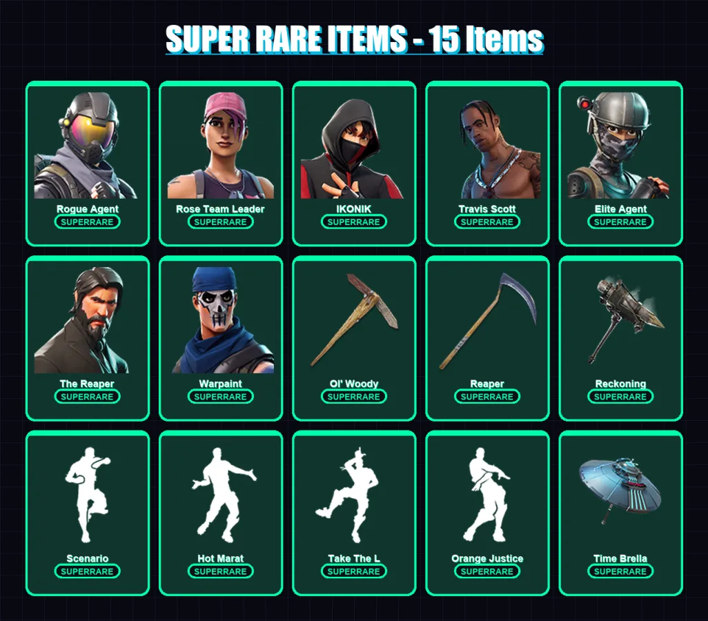 [PC/PSN] | Rogue Agent | Rose Team Leader | IKONIK | Travis Scott | Elite Agent | 213 skin | 232 pickaxe | 244 emote | 189 glider | Lv2415