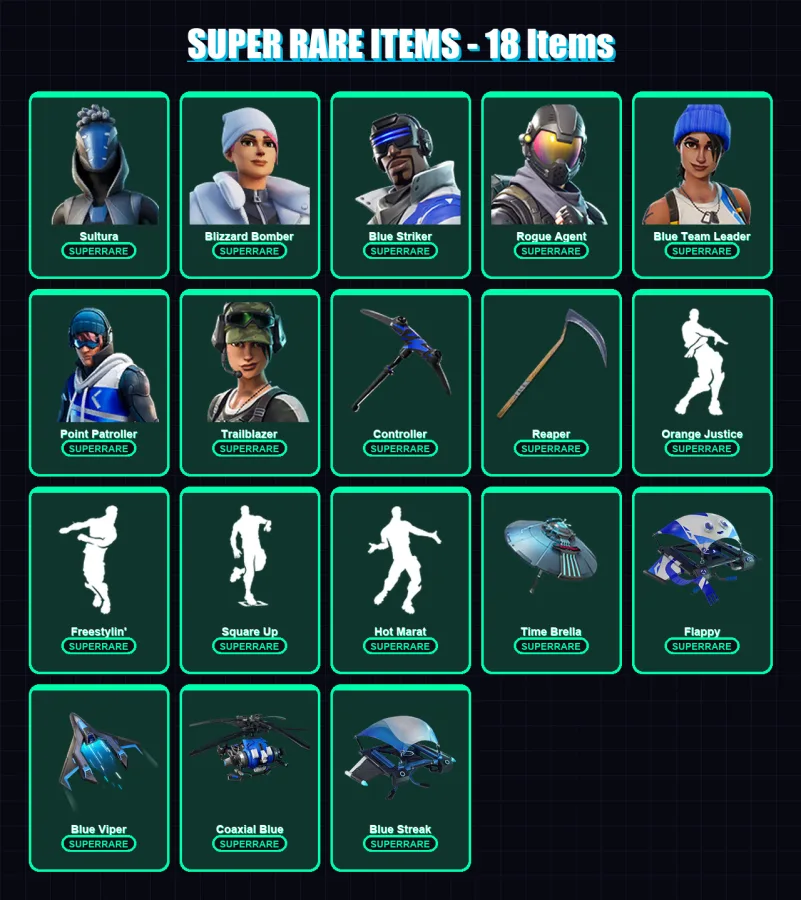 [PC] | Sultura | Blizzard Bomber | Blue Striker | Rogue Agent | Blue Team Leader | 86 skin | 82 pickaxe | 79 emote | 81 glider | Lv963