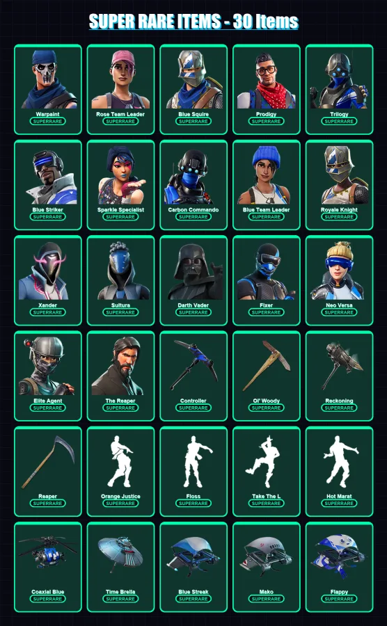 [PC/XBOX/PSN] | Warpaint | Rose Team Leader | Blue Squire | Prodigy | Trilogy | 120 skin | 118 pickaxe | 126 emote | 116 glider | Lv1373