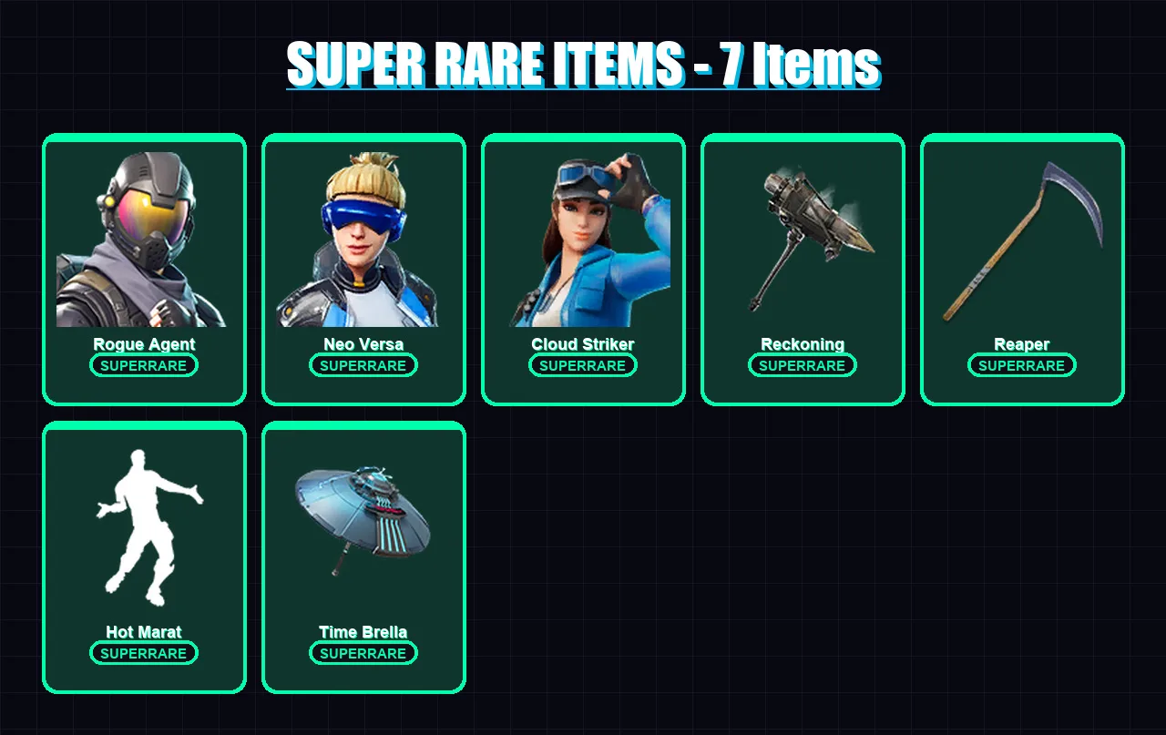 [PS4/PS5/XBOX/PC] | Rogue Agent | Neo Versa | Cloud Striker | Drift | Spectra Knight | 114 skin | 141 pickaxe | 104 emote | 148 glider | Lv2425
