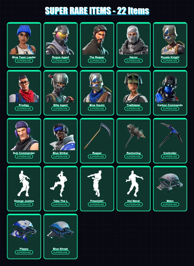 [PC/XBOX/PSN] | Blue Team Leader | Rogue Agent | The Reaper | Havoc | Royale Knight | 86 skin | 74 pickaxe | 86 emote | 74 glider | Lv1118