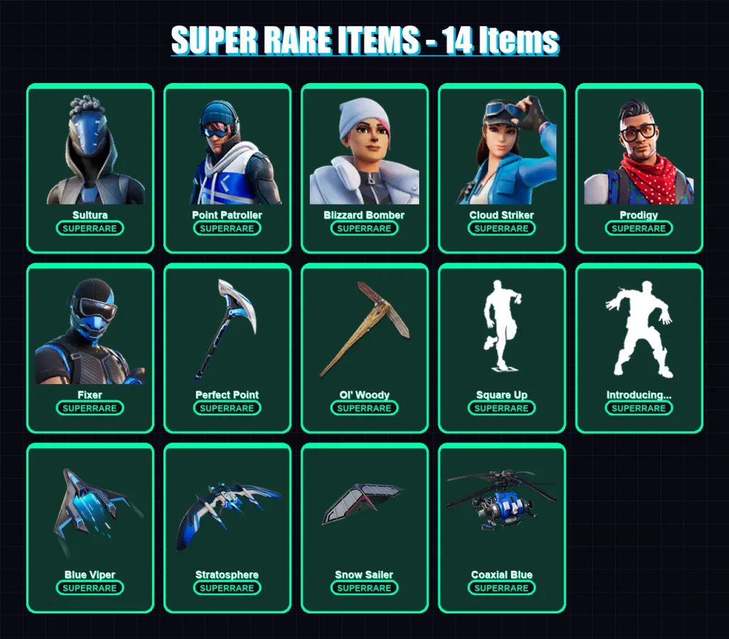 [PC/XBOX/PSN] | Sultura | Point Patroller | Blizzard Bomber | Cloud Striker | Prodigy | 107 skin | 121 pickaxe | 97 emote | 106 glider | Lv1574 — Fortnite account