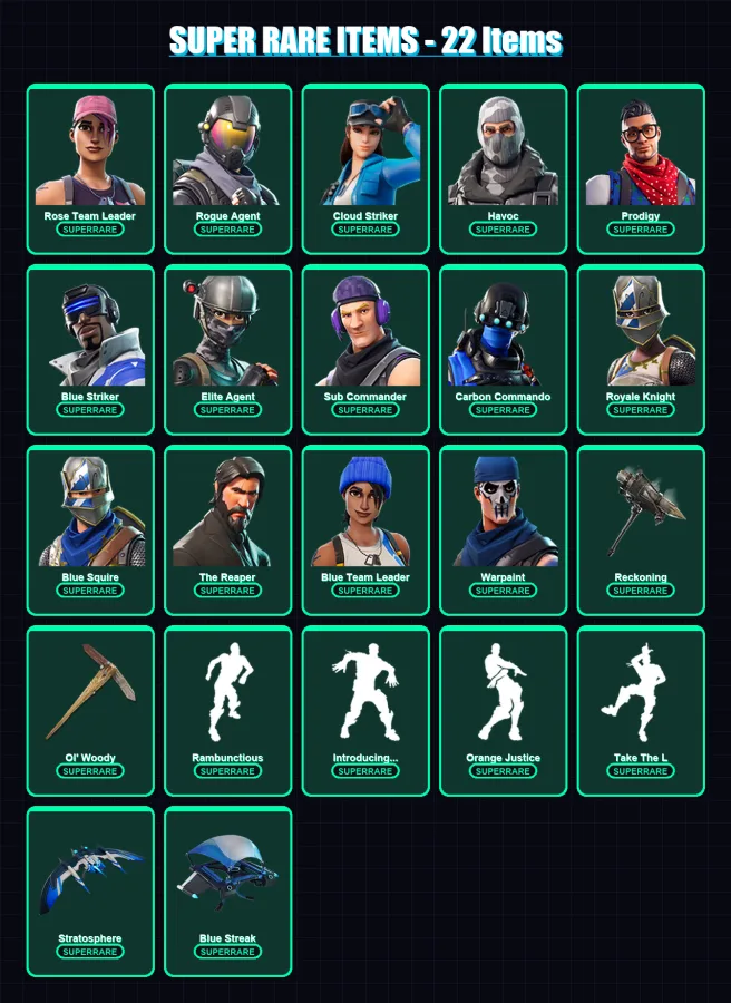 [PS4/PS5/XBOX/PC] | Rose Team Leader | Rogue Agent | Cloud Striker | Havoc | Prodigy | 92 skin | 51 pickaxe | 71 emote | 53 glider | Lv662