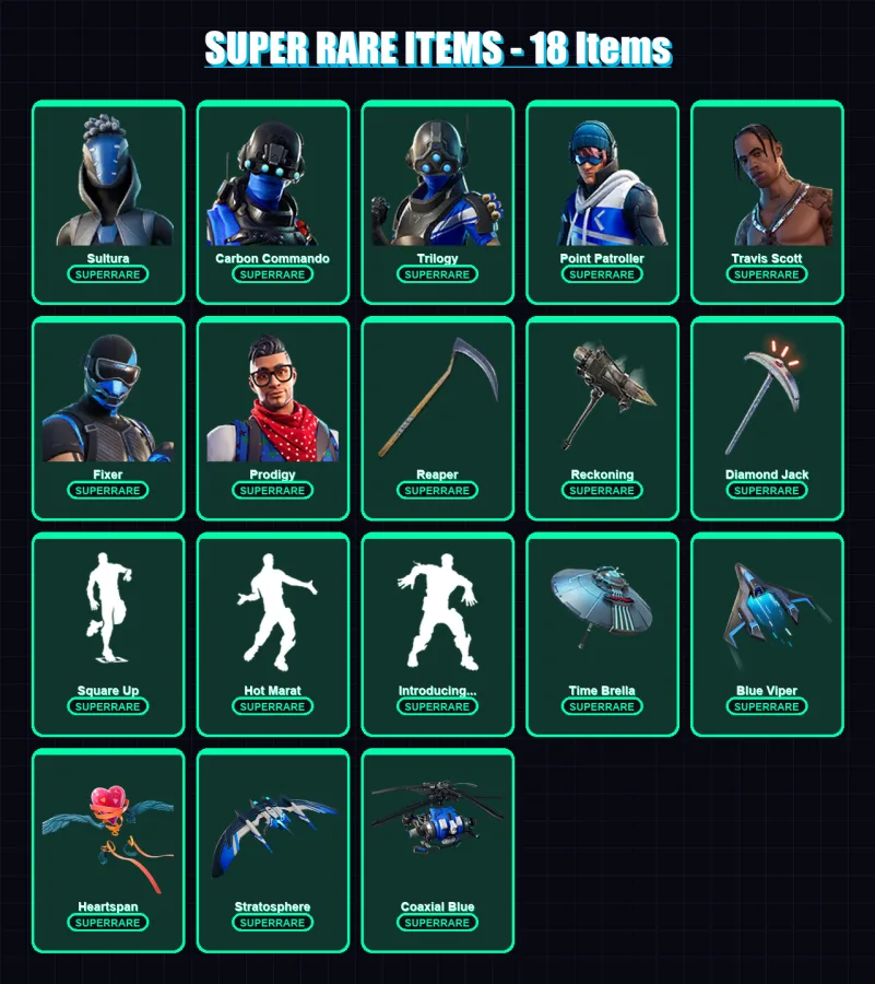 [PC/XBOX/PSN] | Sultura | Carbon Commando | Trilogy | Point Patroller | Travis Scott | 106 skin | 116 pickaxe | 128 emote | 111 glider | Lv1720