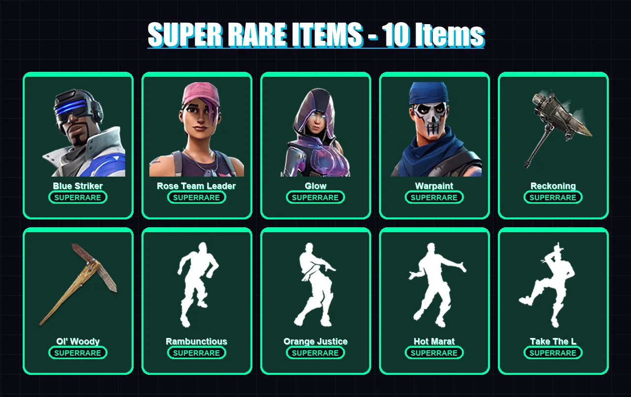 [PC/XBOX/PSN] | Blue Striker | Rose Team Leader | Glow | Warpaint | Blackheart | 41 skin | 31 pickaxe | 51 emote | 41 glider | Lv453