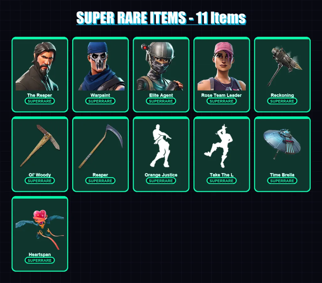 [PC/XBOX/PSN] | The Reaper | Warpaint | Elite Agent | Rose Team Leader | Midas | 100 skin | 104 pickaxe | 93 emote | 110 glider | Lv1344