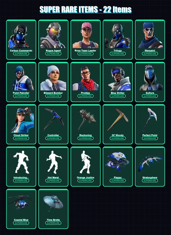 [PS4/PS5/XBOX/PC] | Carbon Commando | Rogue Agent | Rose Team Leader | Trilogy | Warpaint | 139 skin | 146 pickaxe | 163 emote | 145 glider | Lv2348