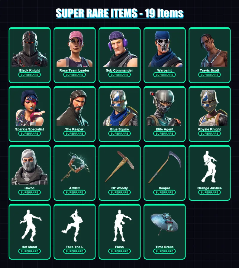 [PC/XBOX] | Black Knight | Rose Team Leader | Sub Commander | Warpaint | Travis Scott | 95 skin | 178 pickaxe | 105 emote | 151 glider | Lv3320