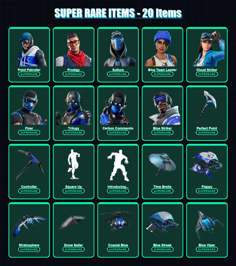 [PS4/PS5/XBOX/PC] | Point Patroller | Prodigy | Sultura | Blue Team Leader | Cloud Striker | 23 skin | 44 pickaxe | 37 emote | 50 glider | Lv579