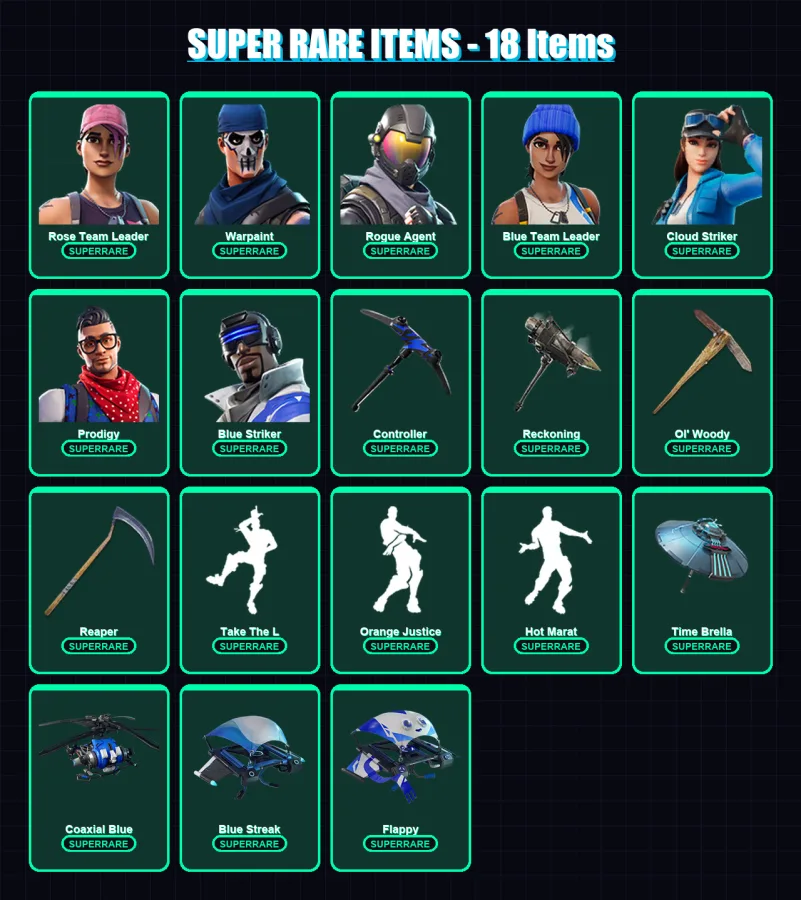 [PC/PSN] | Rose Team Leader | Warpaint | Rogue Agent | Blue Team Leader | Cloud Striker | 114 skin | 104 pickaxe | 125 emote | 79 glider | Lv1437
