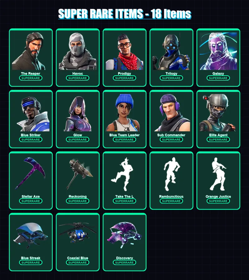 [PC/XBOX] | The Reaper | Havoc | Prodigy | Trilogy | Galaxy | 102 skin | 76 pickaxe | 89 emote | 85 glider | Lv1161