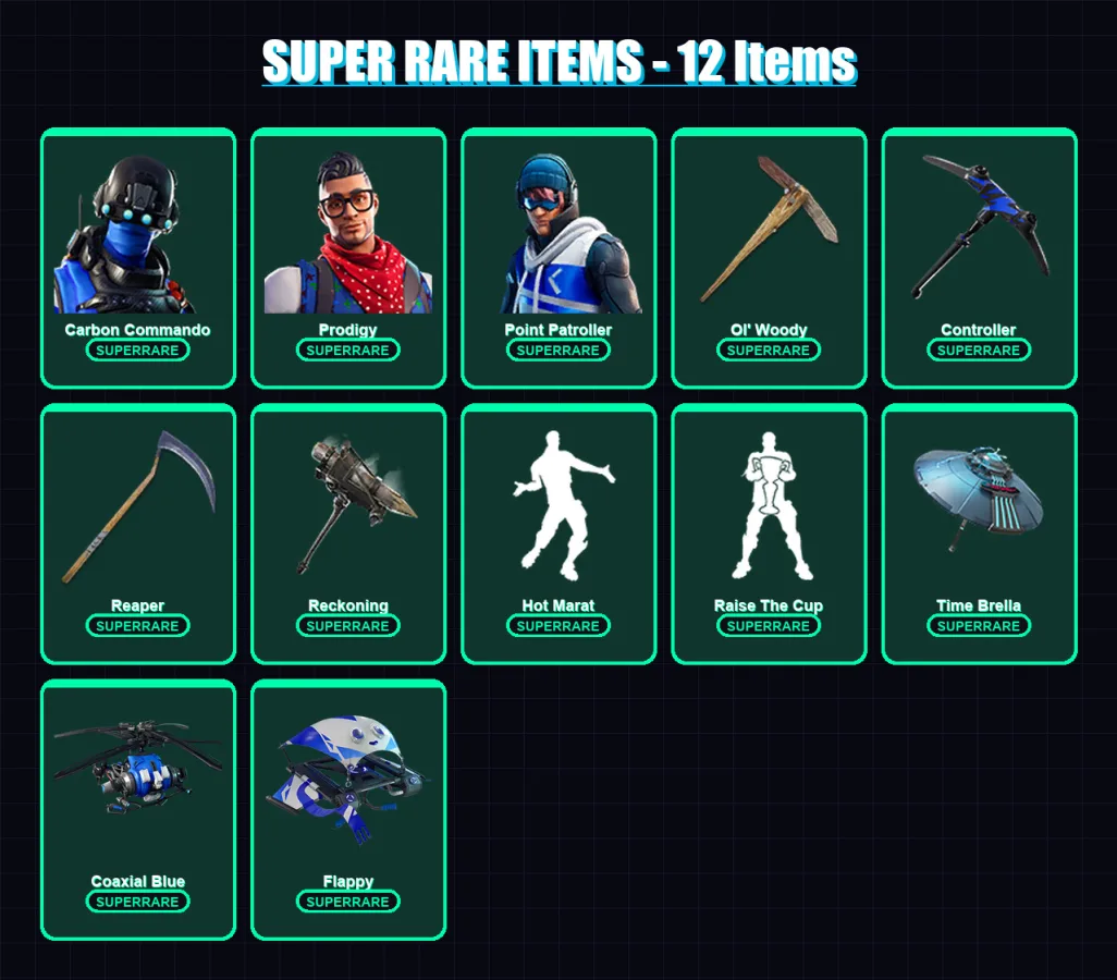 [PS4/PS5/XBOX/PC] | Carbon Commando | Prodigy | Point Patroller | Zenith | Blackheart | 77 skin | 68 pickaxe | 79 emote | 75 glider | Lv954