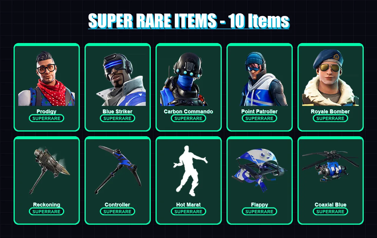 [PC/XBOX] | Prodigy | Blue Striker | Carbon Commando | Point Patroller | Royale Bomber | 74 skin | 62 pickaxe | 69 emote | 67 glider | Lv755