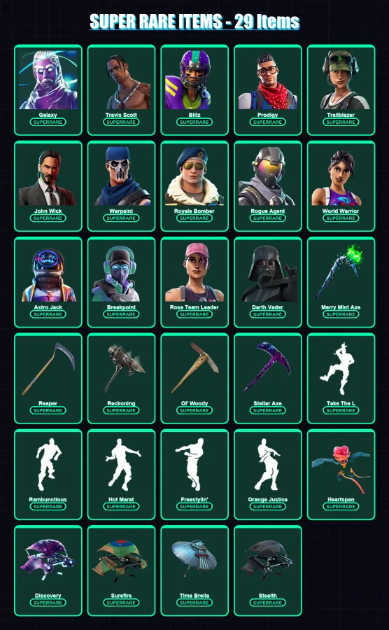 [PC] | Galaxy | Travis Scott | Blitz | Prodigy | Trailblazer | 452 skin | 284 pickaxe | 322 emote | 166 glider | Lv1382