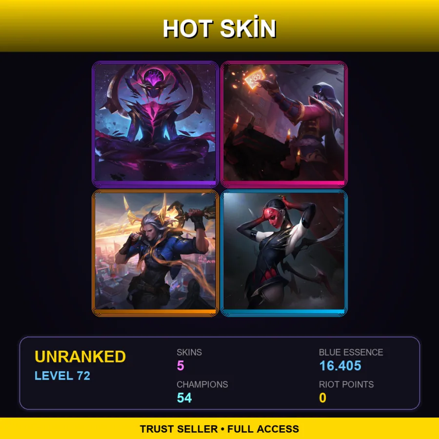 LAN | Lv72 | Unranked | 5 Skin | 54 Champ — LoL account