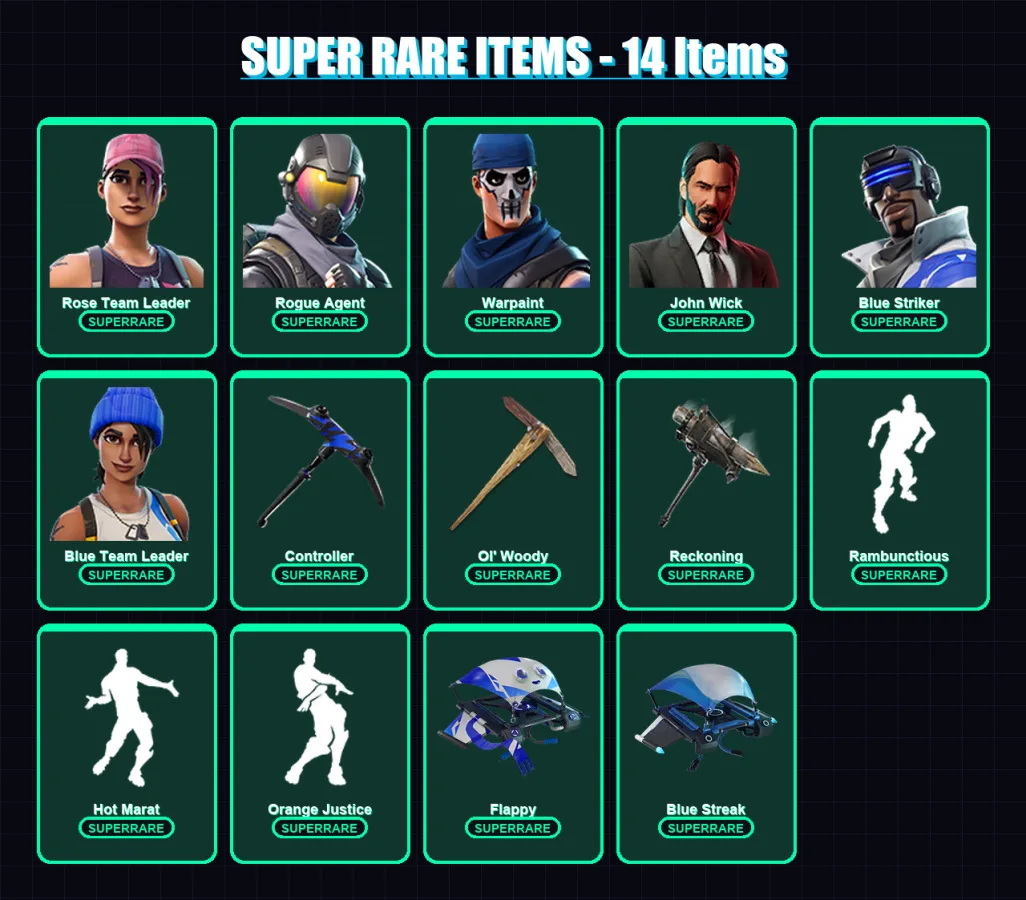 [PC/XBOX] | Rose Team Leader | Rogue Agent | Warpaint | John Wick | Blue Striker | 70 skin | 101 pickaxe | 75 emote | 96 glider | Lv1320