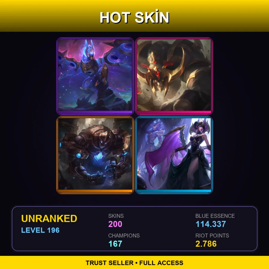 EUW | Lv196 | Unranked | 200 Skin | 167 Champ — LoL account