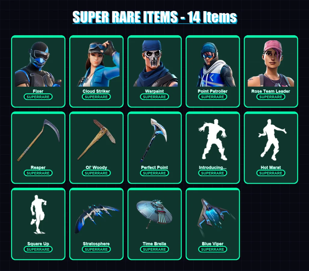 [PS4/PS5/XBOX/PC] | Fixer | Cloud Striker | Warpaint | Point Patroller | Rose Team Leader | 100 skin | 111 pickaxe | 140 emote | 106 glider | Lv1261