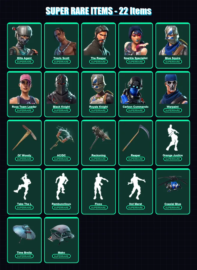 [PC/XBOX] | Elite Agent | Travis Scott | The Reaper | Sparkle Specialist | Blue Squire | 154 skin | 120 pickaxe | 124 emote | 118 glider | Lv1951