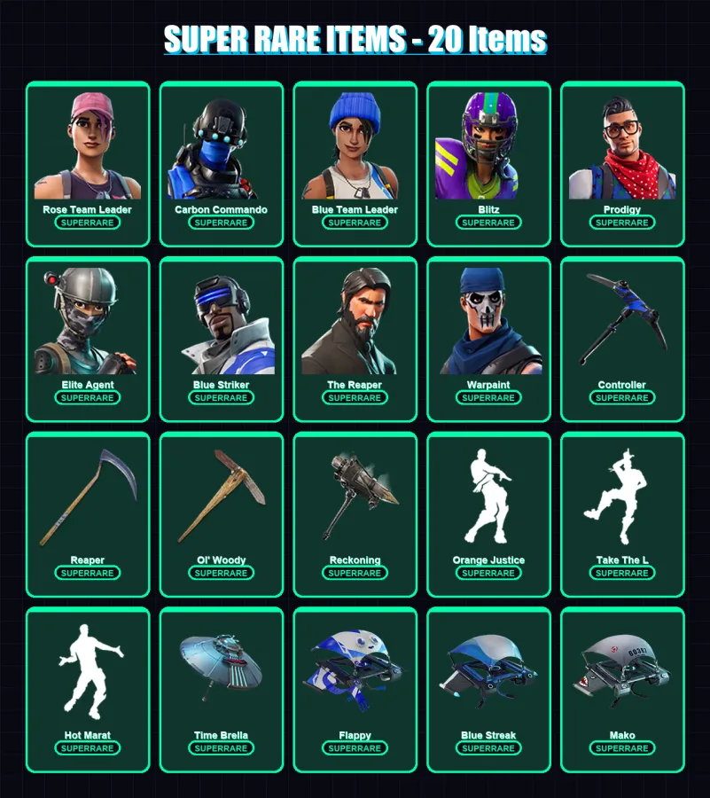 [PS4/PS5/XBOX/PC] | Rose Team Leader | Carbon Commando | Blue Team Leader | Blitz | Prodigy | 54 skin | 51 pickaxe | 51 emote | 58 glider | Lv796