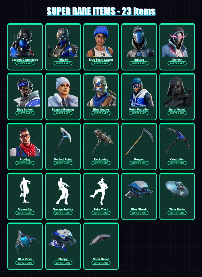 [PS4/PS5/XBOX/PC] | Carbon Commando | Trilogy | Blue Team Leader | Sultura | Xander | 194 skin | 202 pickaxe | 223 emote | 164 glider | Lv2394 — Game account