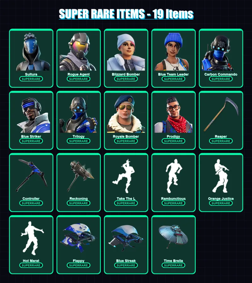 [PS4/PS5/PC] | Sultura | Rogue Agent | Blizzard Bomber | Blue Team Leader | Carbon Commando | 115 skin | 145 pickaxe | 118 emote | 129 glider | Lv22