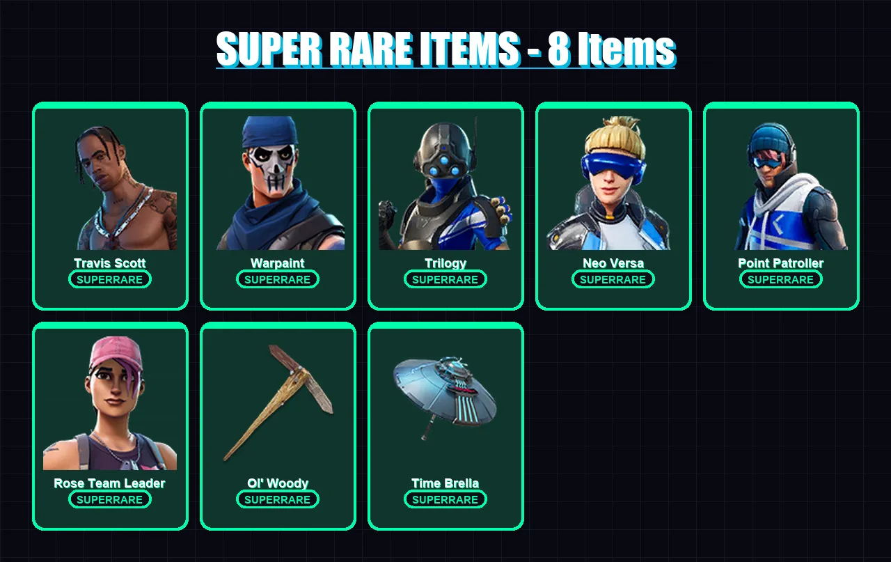 [PC/XBOX] | Travis Scott | Warpaint | Trilogy | Neo Versa | Point Patroller | 104 skin | 111 pickaxe | 86 emote | 92 glider | Lv1552