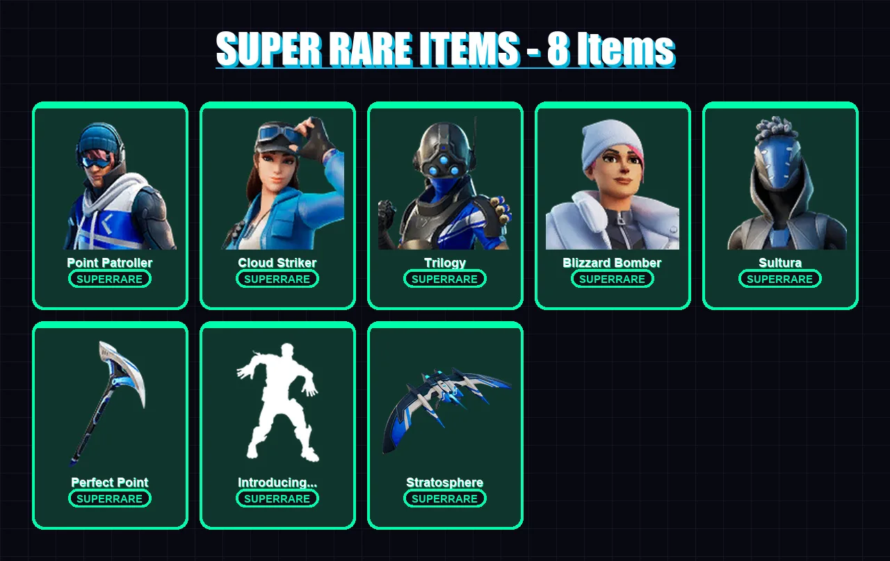 [PC/XBOX/PSN] | Point Patroller | Cloud Striker | Trilogy | Blizzard Bomber | Sultura | 44 skin | 54 pickaxe | 51 emote | 45 glider | Lv686