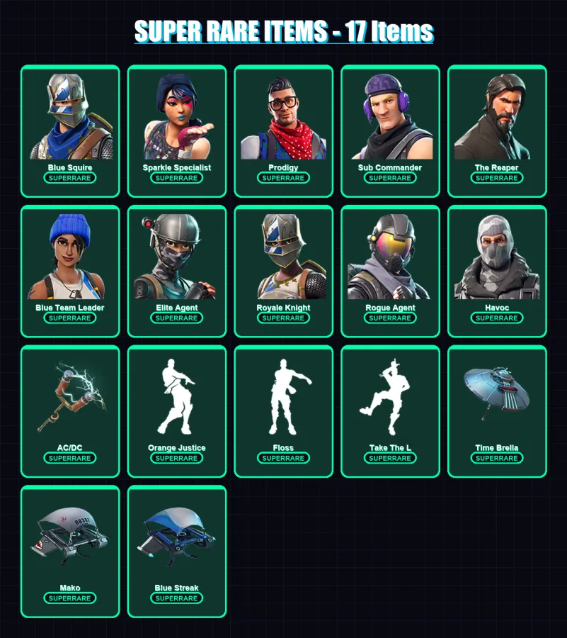 [PS4/PS5/XBOX/PC] | Blue Squire | Sparkle Specialist | Prodigy | Sub Commander | The Reaper | 42 skin | 59 pickaxe | 48 emote | 53 glider | Lv814