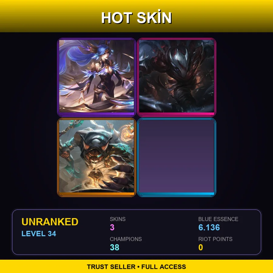 EUW | Lv34 | Unranked | 3 Skin | 38 Champ — LoL account