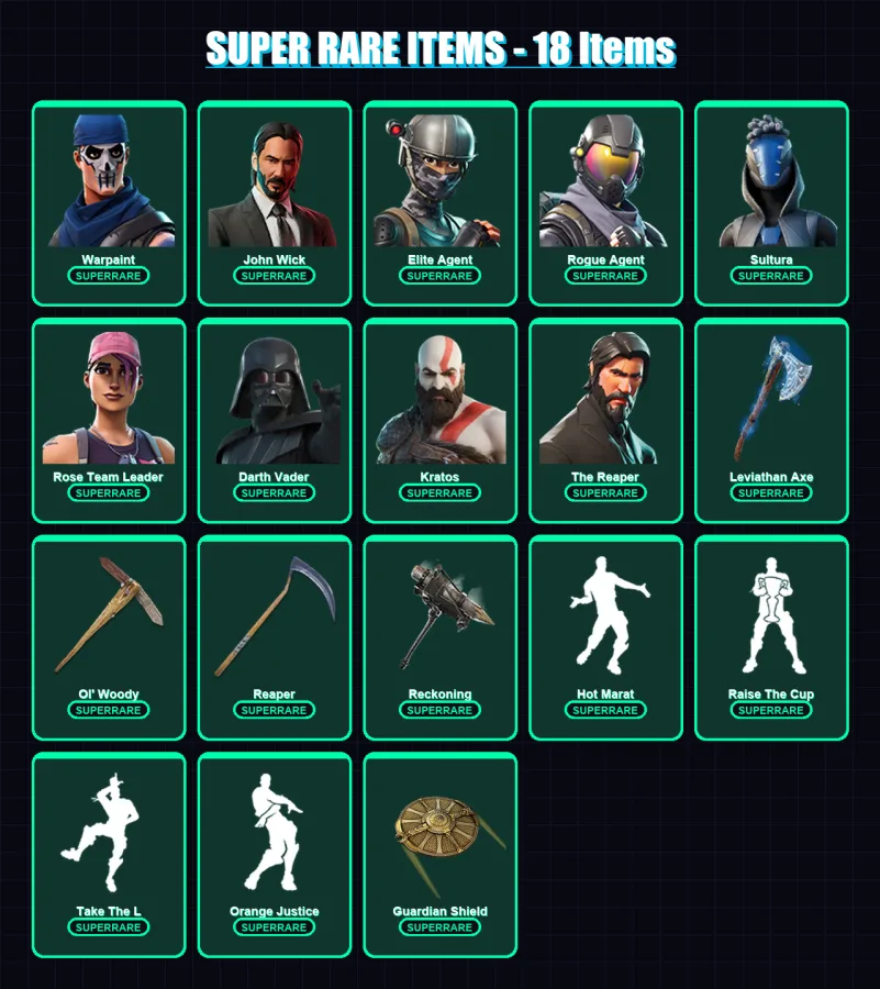 [PS4/PS5/PC] | Warpaint | John Wick | Elite Agent | Rogue Agent | Sultura | 184 skin | 172 pickaxe | 194 emote | 148 glider | Lv2044