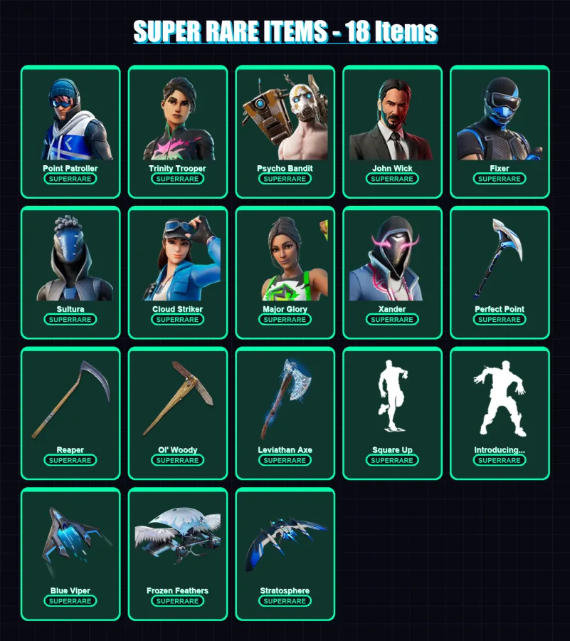 [PC/XBOX] | Point Patroller | Trinity Trooper | Psycho Bandit | John Wick | Fixer | 321 skin | 243 pickaxe | 259 emote | 146 glider | Lv2296 — Fortnite account