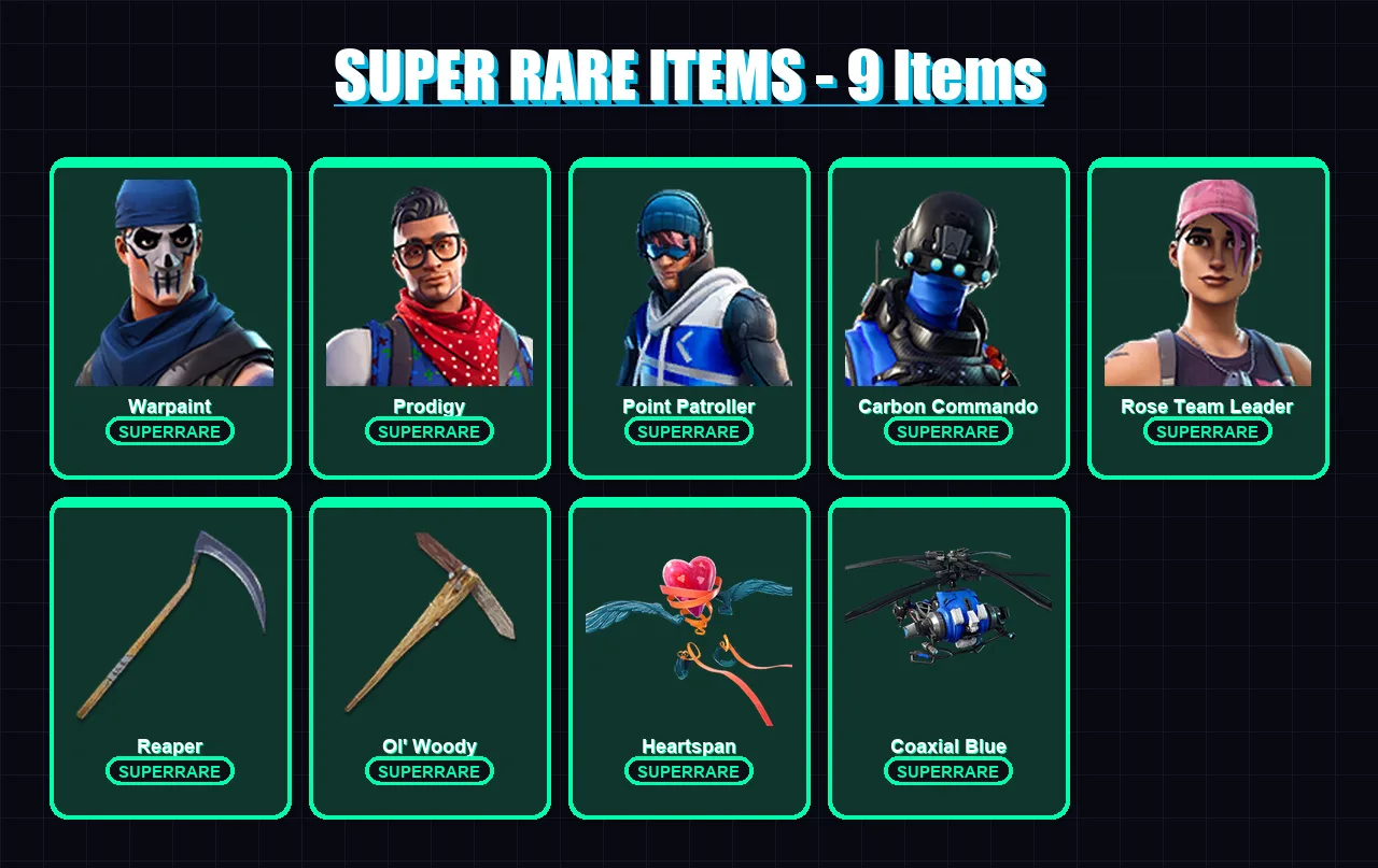 [PC/XBOX] | Warpaint | Prodigy | Point Patroller | Carbon Commando | Rose Team Leader | 55 skin | 46 pickaxe | 50 emote | 48 glider | Lv438