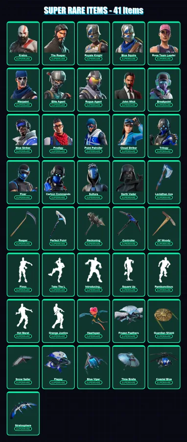 [PC/XBOX/PSN] | Kratos | The Reaper | Royale Knight | Blue Squire | Rose Team Leader | 402 skin | 385 pickaxe | 230 emote | 269 glider | Lv3610