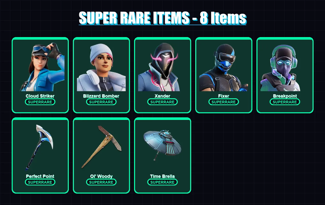 [PS4/PS5/XBOX/PC] | Cloud Striker | Blizzard Bomber | Xander | Fixer | Breakpoint | 135 skin | 168 pickaxe | 128 emote | 130 glider | Lv3305