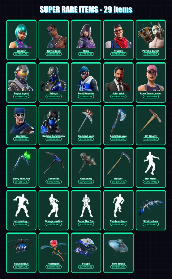 [PC/XBOX/PSN] | Wonder | Travis Scott | Glow | Prodigy | Psycho Bandit | 251 skin | 171 pickaxe | 183 emote | 154 glider | Lv2076