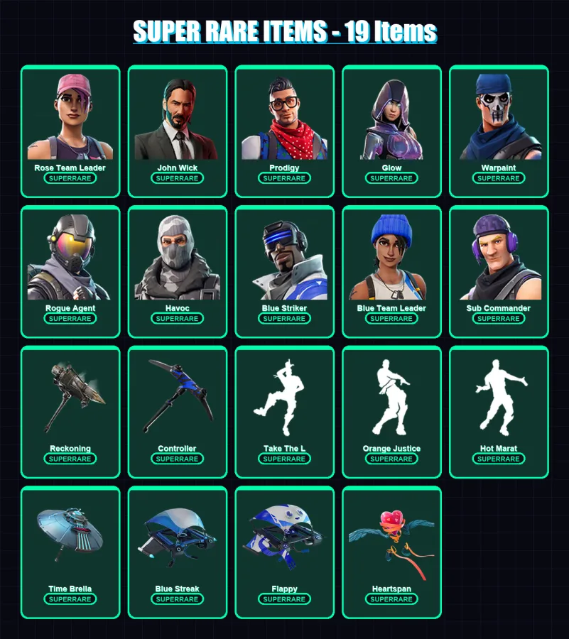 [PC/XBOX] | Rose Team Leader | John Wick | Prodigy | Glow | Warpaint | 120 skin | 75 pickaxe | 84 emote | 83 glider | Lv1219