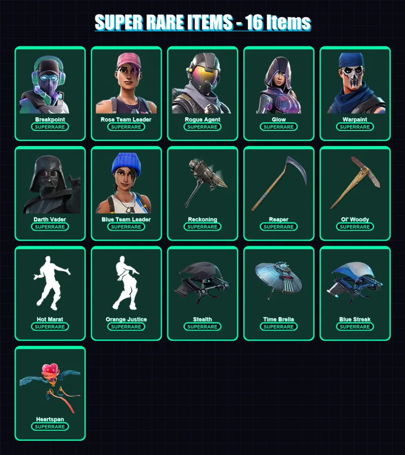 [PS4/PS5/XBOX/PC] | Breakpoint | Rose Team Leader | Rogue Agent | Glow | Warpaint | 140 skin | 160 pickaxe | 148 emote | 161 glider | Lv2195