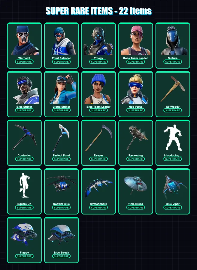 [PS4/PS5/PC] | Warpaint | Point Patroller | Trilogy | Rose Team Leader | Sultura | 153 skin | 142 pickaxe | 125 emote | 136 glider | Lv2053