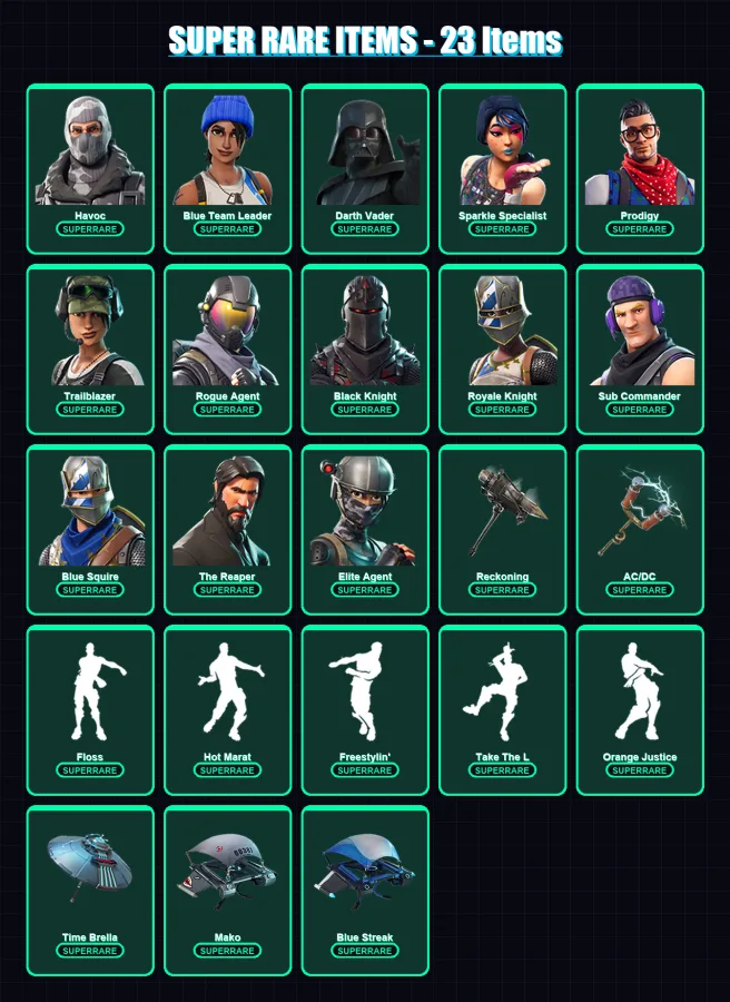 [PS4/PS5/XBOX/PC] | Havoc | Blue Team Leader | Darth Vader | Sparkle Specialist | Prodigy | 136 skin | 121 pickaxe | 146 emote | 123 glider | Lv2049