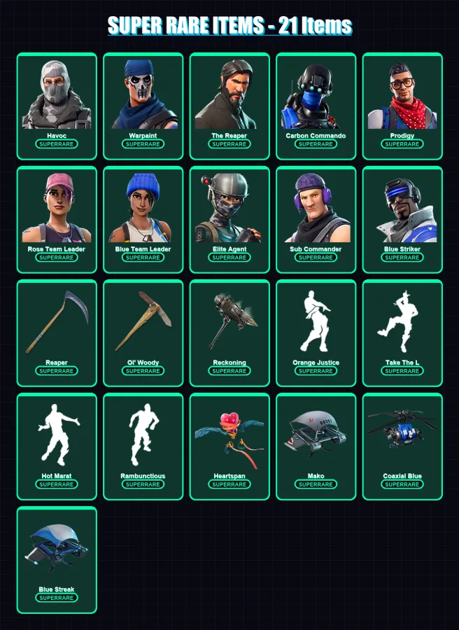 [PC/XBOX] | Havoc | Warpaint | The Reaper | Carbon Commando | Prodigy | 126 skin | 97 pickaxe | 110 emote | 102 glider | Lv1390
