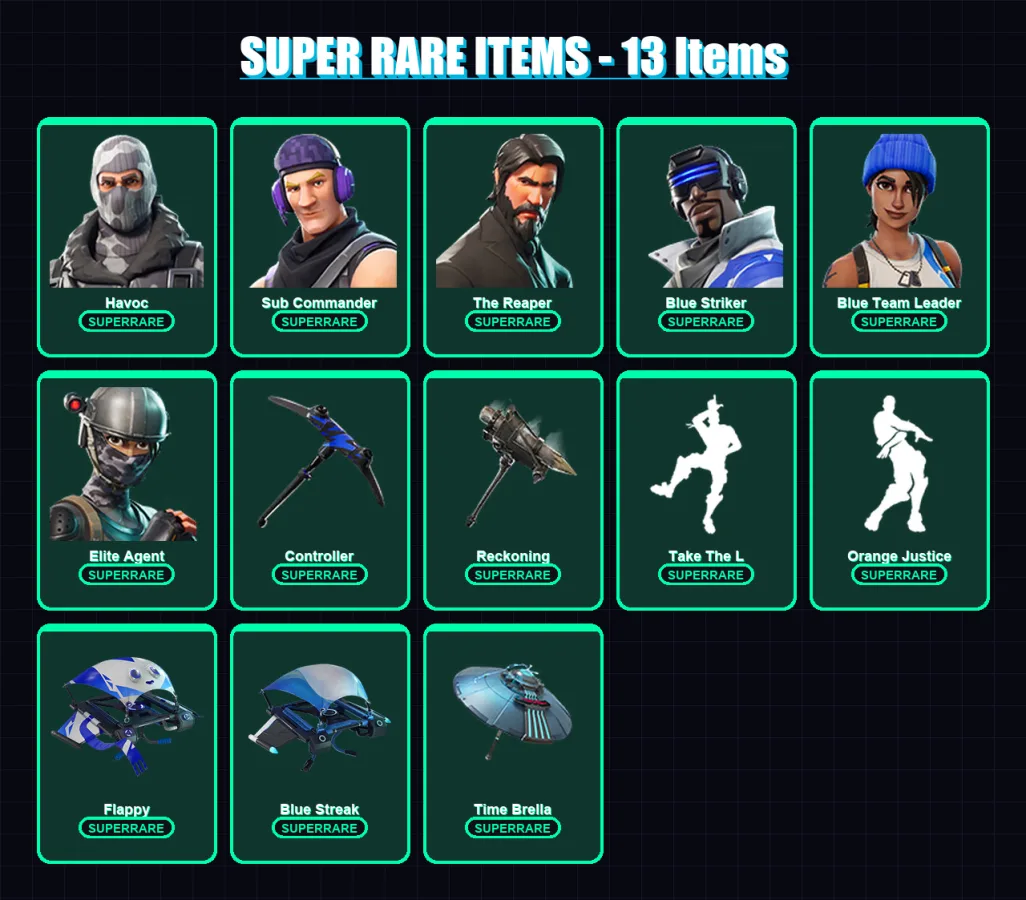 [PC/XBOX] | Havoc | Sub Commander | The Reaper | Blue Striker | Blue Team Leader | 101 skin | 107 pickaxe | 81 emote | 95 glider | Lv1230