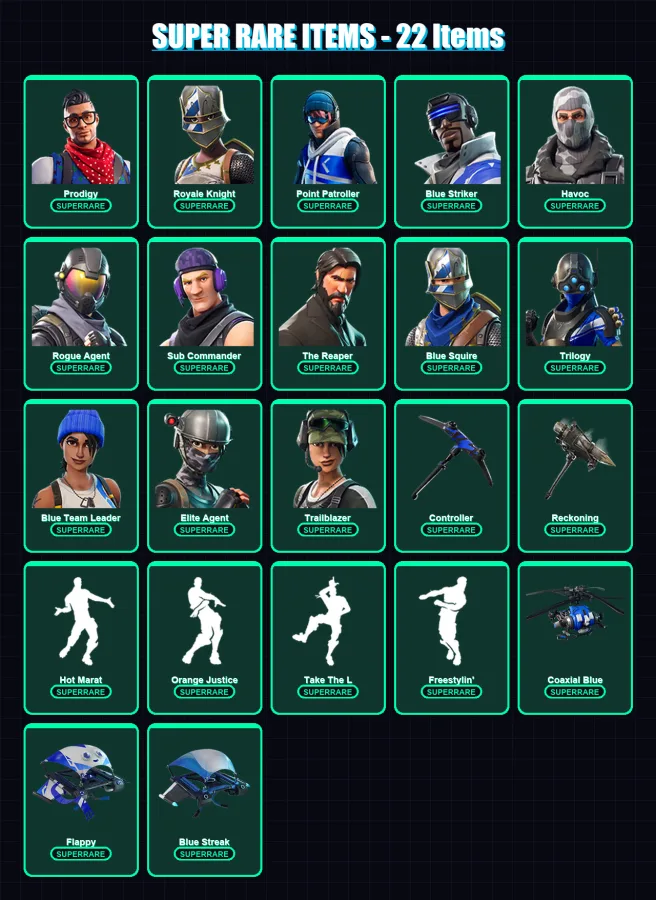 [PC/XBOX] | Prodigy | Royale Knight | Point Patroller | Blue Striker | Havoc | 90 skin | 60 pickaxe | 73 emote | 65 glider | Lv828