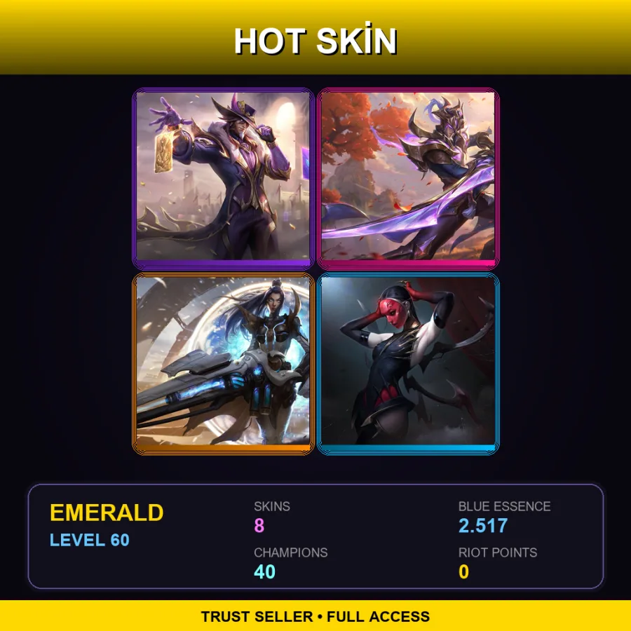 EUW | Lv60 | Emerald | 8 Skin | 40 Champ — LoL account