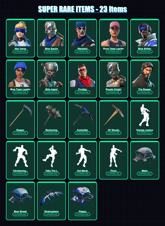 [PS4/PS5/XBOX/PC] | Neo Versa | Blue Squire | Warpaint | Rose Team Leader | Blue Striker | 156 skin | 139 pickaxe | 116 emote | 137 glider | Lv2043