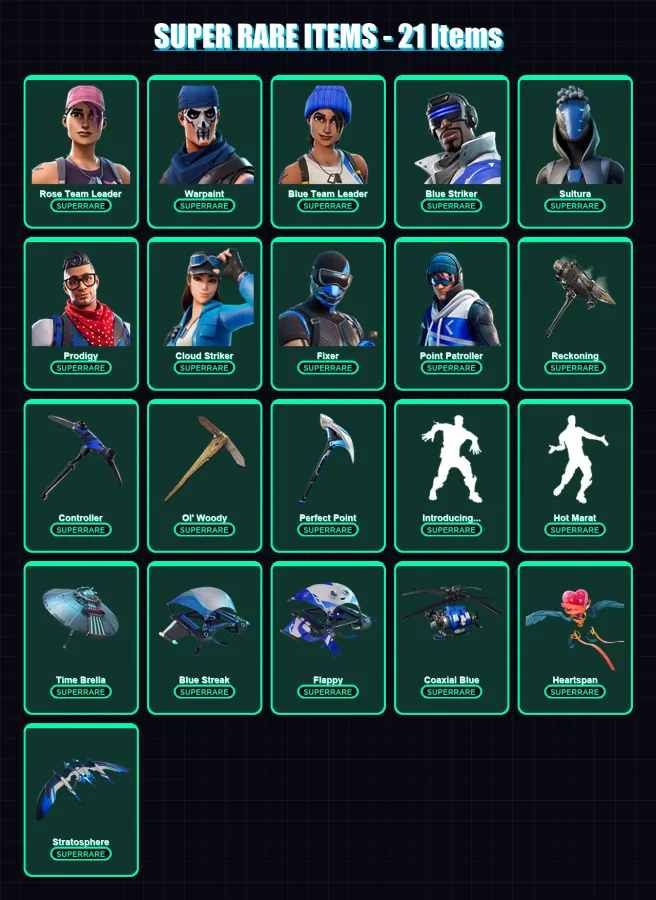 [PC/XBOX/PSN] | Rose Team Leader | Warpaint | Blue Team Leader | Skull Trooper  | Blue Striker | 72 skin | 91 pickaxe | 82 emote | 86 glider | Lv100