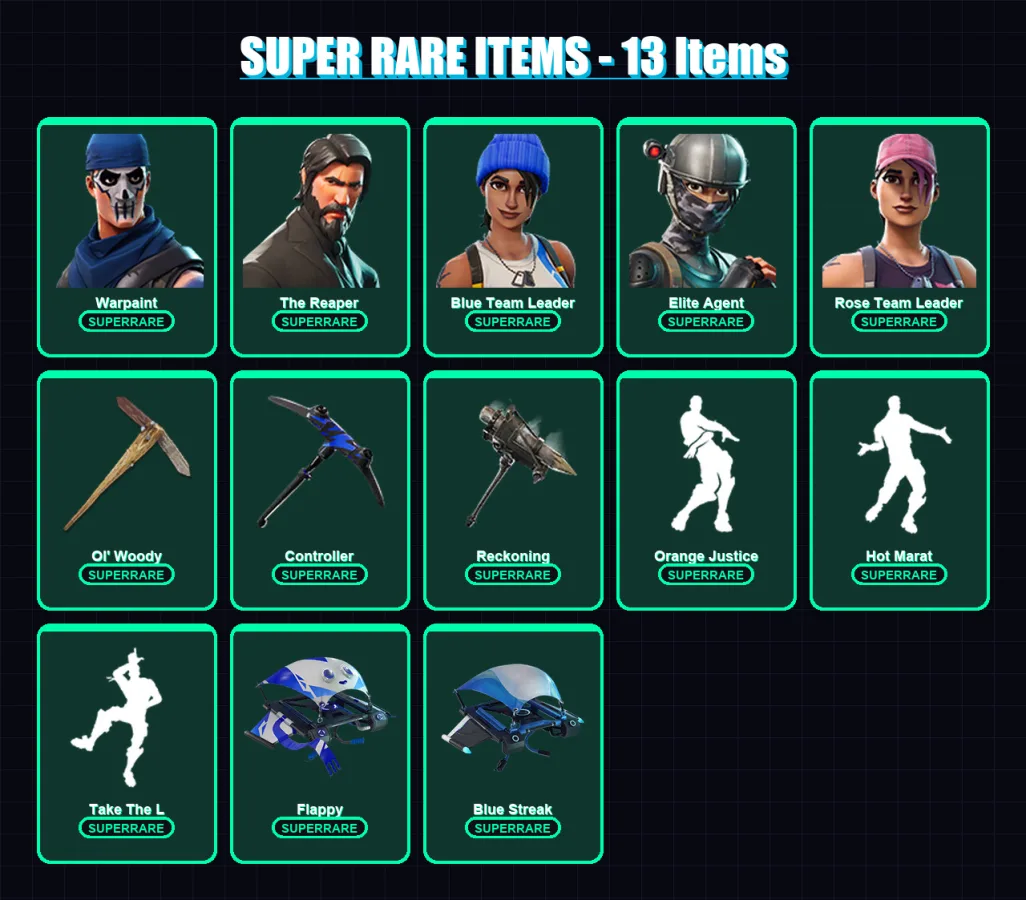 [PC/XBOX] | Warpaint | The Reaper | Blue Team Leader | Elite Agent | Rose Team Leader | 30 skin | 24 pickaxe | 32 emote | 30 glider | Lv323