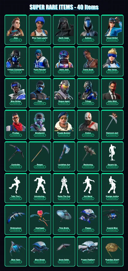 [PS4/PS5/XBOX/PC] | Aloy | Blue Team Leader | Darth Vader | Sultura | Cloud Striker | 394 skin | 319 pickaxe | 207 emote | 230 glider | Lv3288