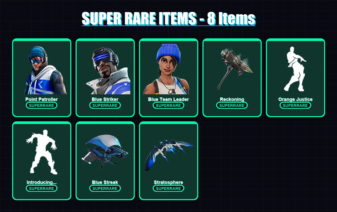 [PS4/PS5/XBOX/PC] | Point Patroller | Blue Striker | Blue Team Leader | Eternal Knight | Snap | 84 skin | 89 pickaxe | 76 emote | 80 glider | Lv1255